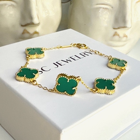 Green Onyx Stone & Gold Clover Bracelet Double Sided Luxury Jewelry - Picture 4 of 10